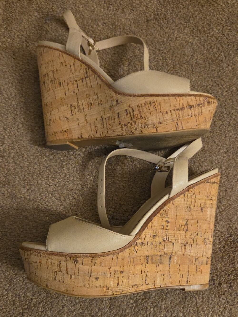 Aldo Cream Leather Cork Wedge Sandals with Slingback Strap - Picture 7 of 9